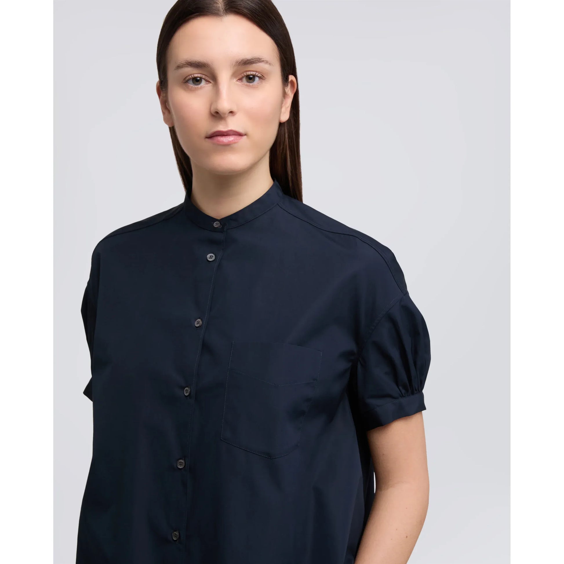 Mandarin Collar Cotton Poplin Shirt - Navy - DUNE + SALT