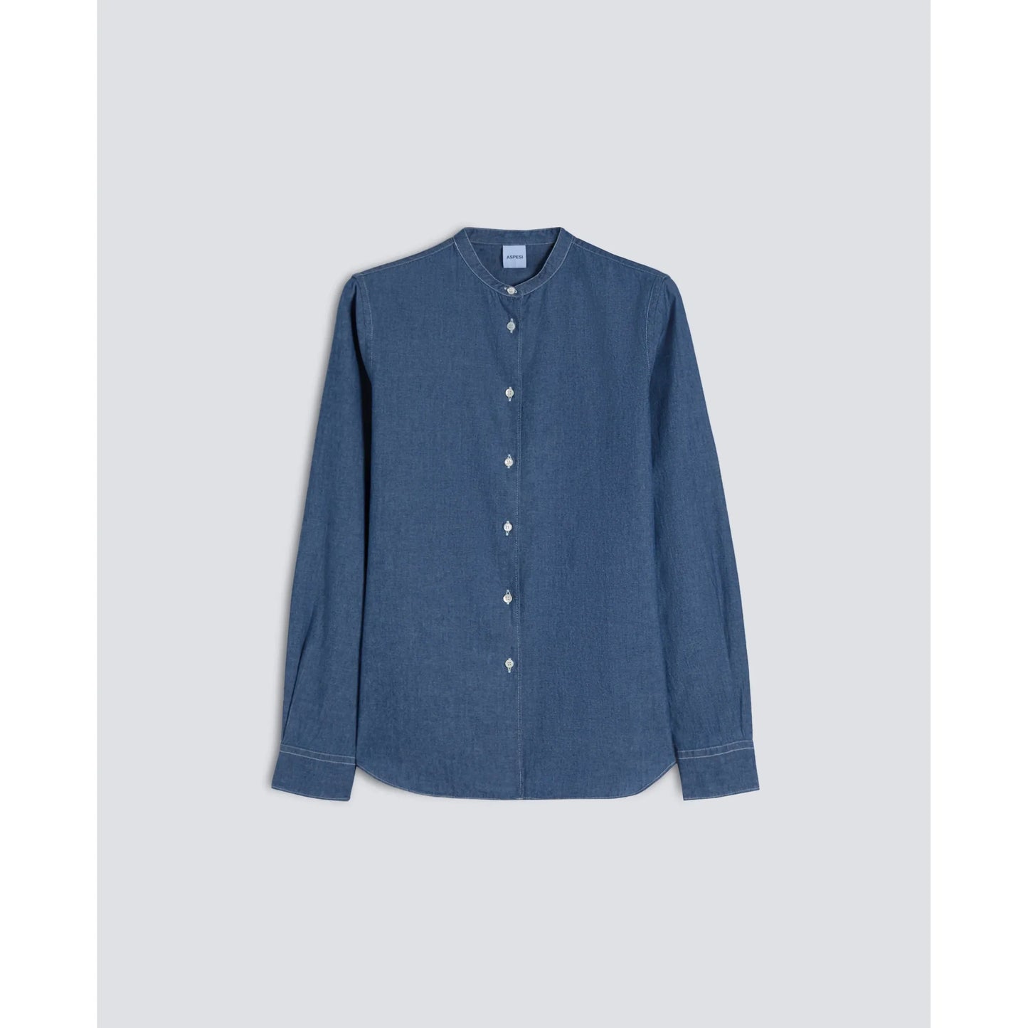 Mandarin Collar Japanese Cotton Chambray Shirt - Medium Denim - DUNE + SALT