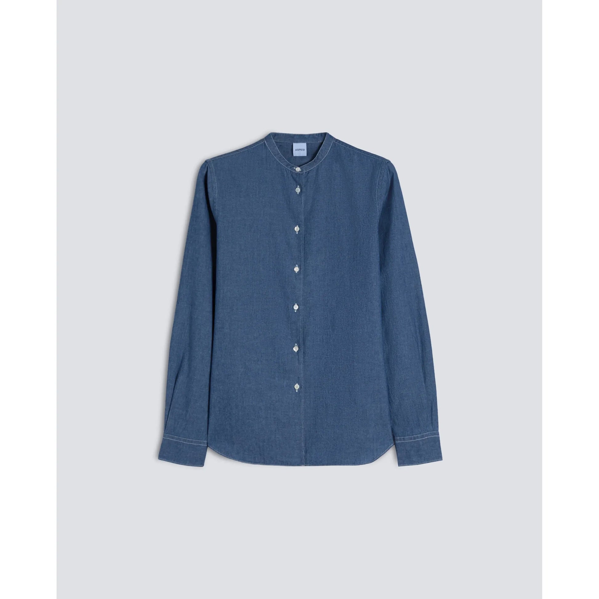 Mandarin Collar Japanese Cotton Chambray Shirt - Medium Denim - DUNE + SALT