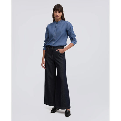 Mandarin Collar Japanese Cotton Chambray Shirt - Medium Denim - DUNE + SALT