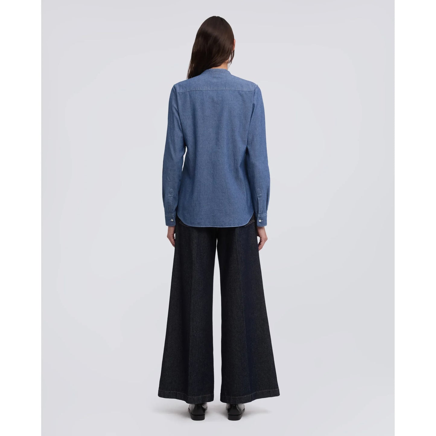 Mandarin Collar Japanese Cotton Chambray Shirt - Medium Denim - DUNE + SALT