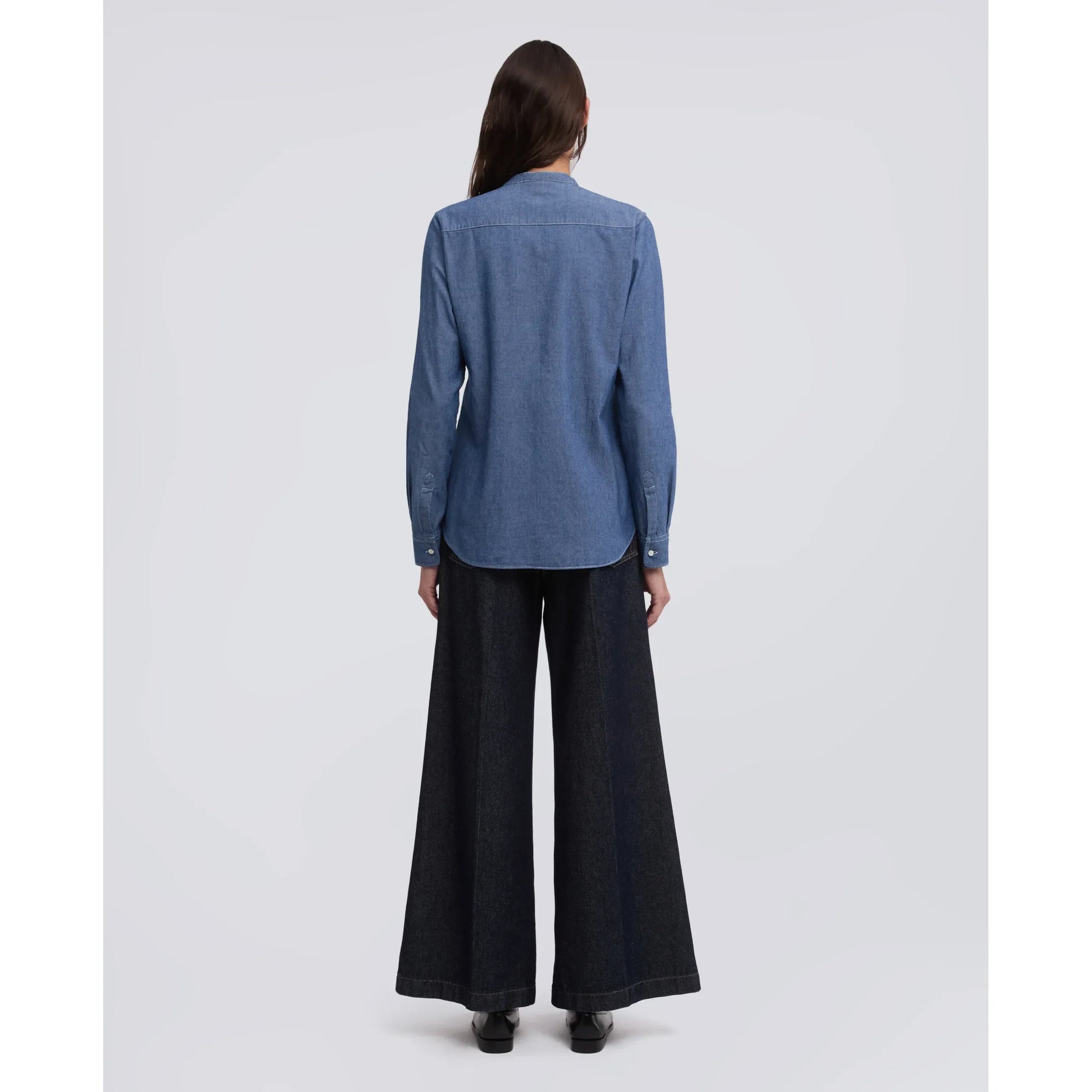 Mandarin Collar Japanese Cotton Chambray Shirt - Medium Denim - DUNE + SALT