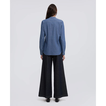 Mandarin Collar Japanese Cotton Chambray Shirt - Medium Denim - DUNE + SALT