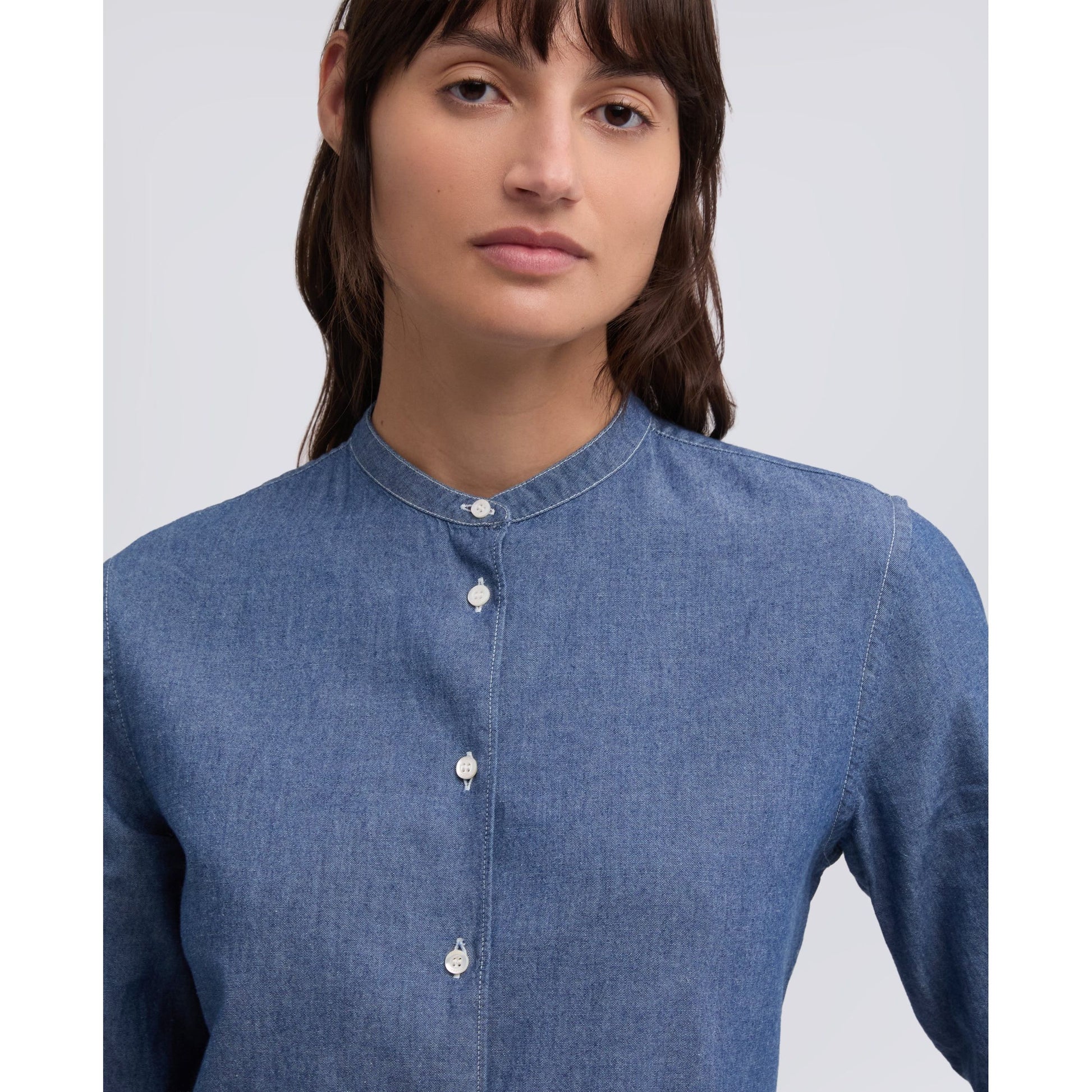 Mandarin Collar Japanese Cotton Chambray Shirt - Medium Denim - DUNE + SALT