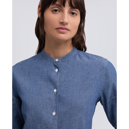 Mandarin Collar Japanese Cotton Chambray Shirt - Medium Denim - DUNE + SALT
