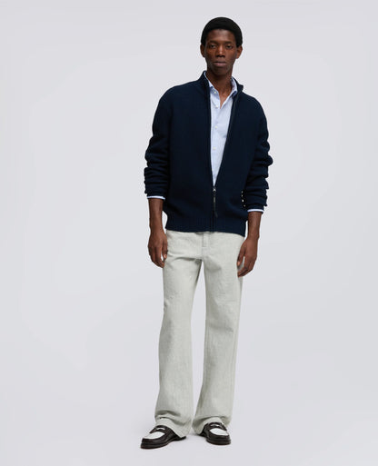 Cotton-Yarn Zip Up Sweater - Navy - DUNE + SALT