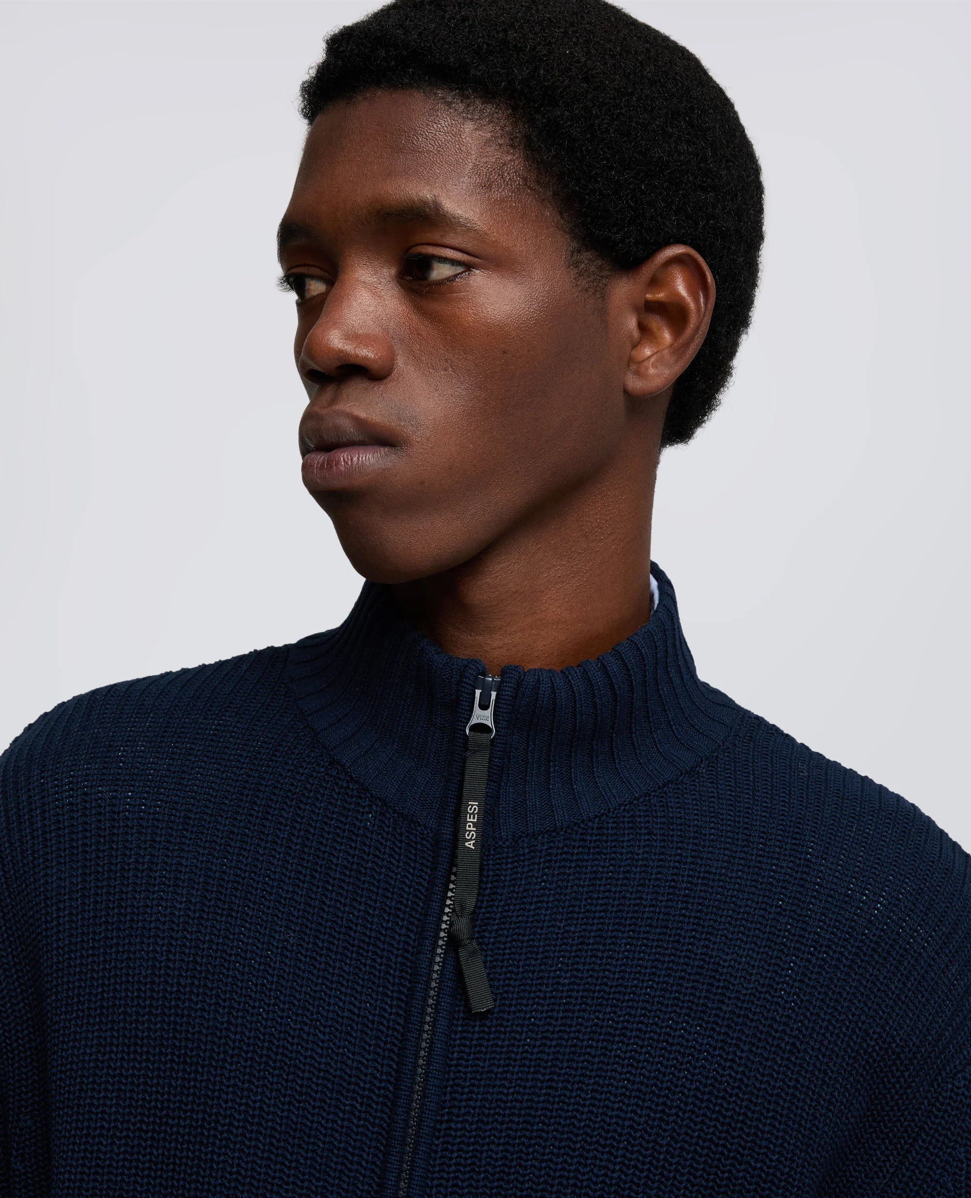 Cotton-Yarn Zip Up Sweater - Navy - DUNE + SALT