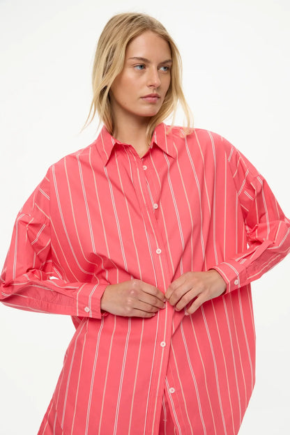 Mara Striped Oversized Long Sleeve Shirt - Watermelon/Salsa/Orange/Natural