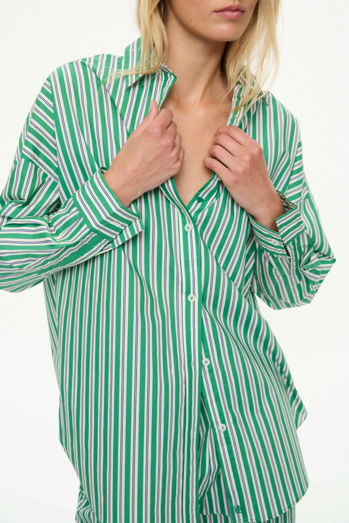 Mara Striped Oversized Long Sleeve Shirt - Green Hills/White/Navy