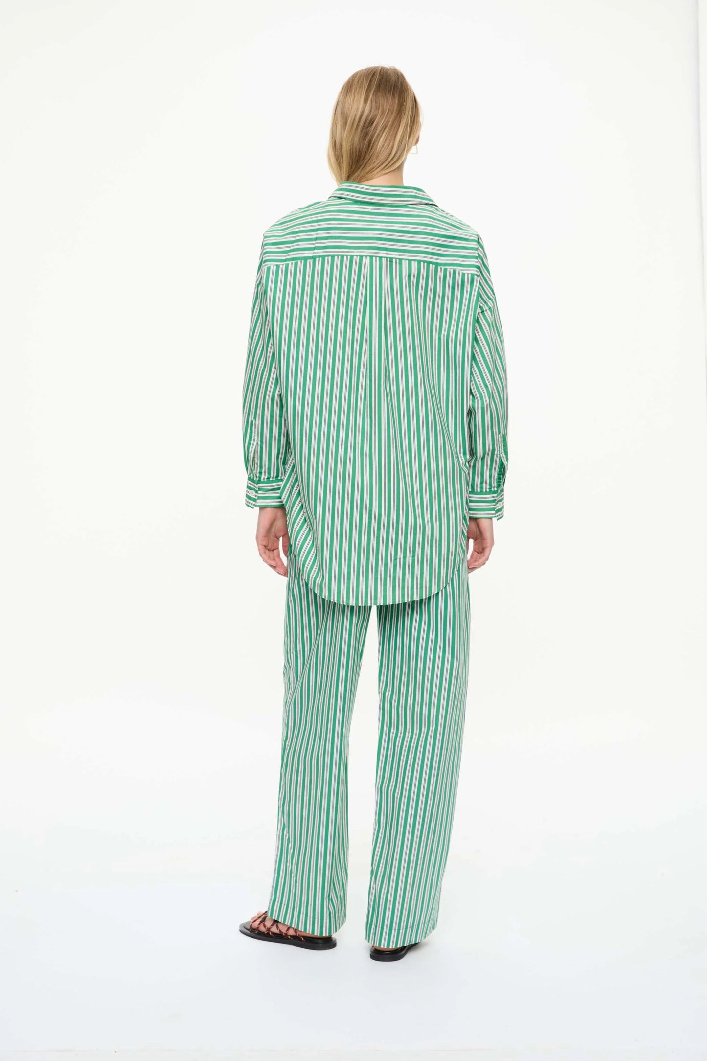 Mara Striped Oversized Long Sleeve Shirt - Green Hills/White/Navy