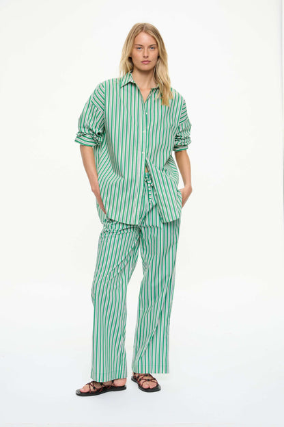 Mara Striped Oversized Long Sleeve Shirt - Green Hills/White/Navy