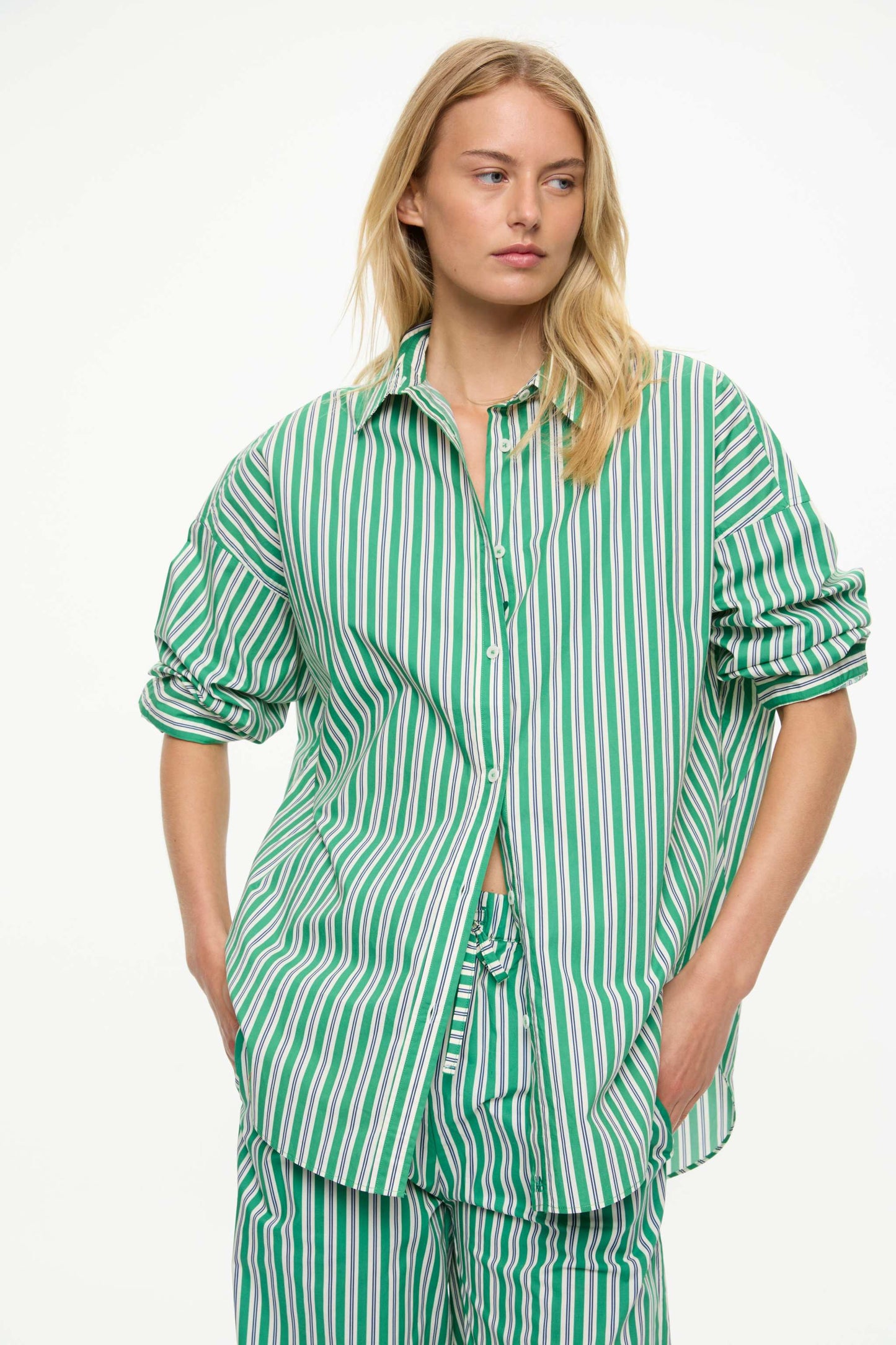 Mara Striped Oversized Long Sleeve Shirt - Green Hills/White/Navy