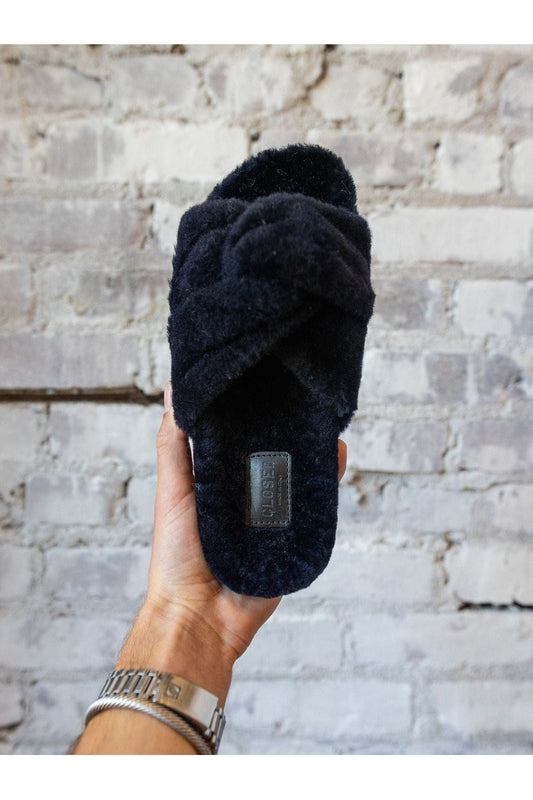 Shearling Sandals - Dark Night - DUNE + SALT