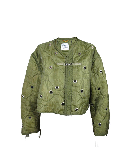 Women's military green grommeted liner by Sloppy Seconds, featuring metal grommets and durable cotton fabric.