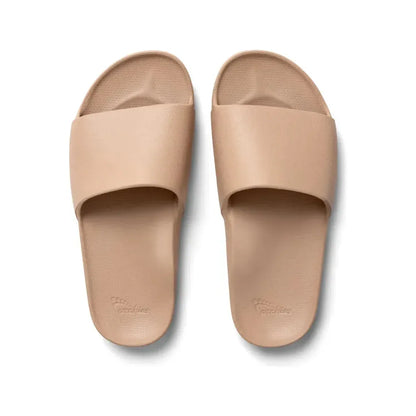 Tan slide sandals by Archies, casual footwear with open toes and adjustable straps, perfect for summer wear.