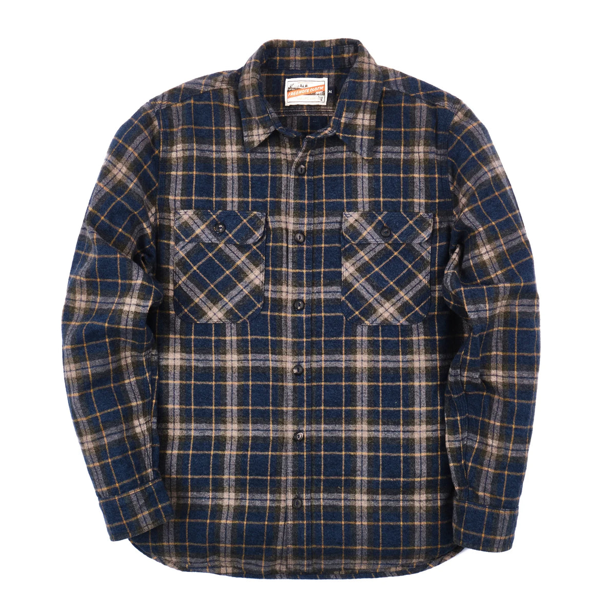 Men's Freenote Cloth Jepson Yarn-Dyed Flannel Shirt in River Blue Plaid, showing the button-up front and classic plaid pattern.