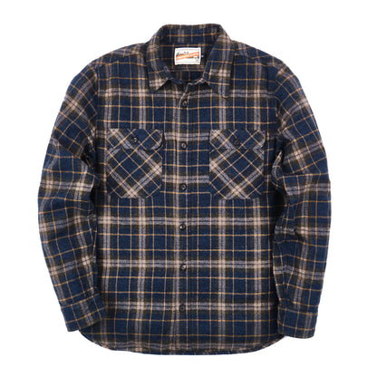 Men's Freenote Cloth Jepson Yarn-Dyed Flannel Shirt in River Blue Plaid, showing the button-up front and classic plaid pattern.