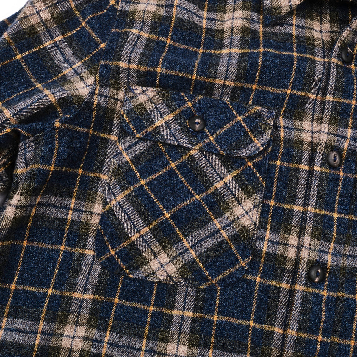 Men's Freenote Cloth Jepson yarn-dyed flannel shirt in River Blue Plaid, featuring a classic plaid pattern and button-up design.