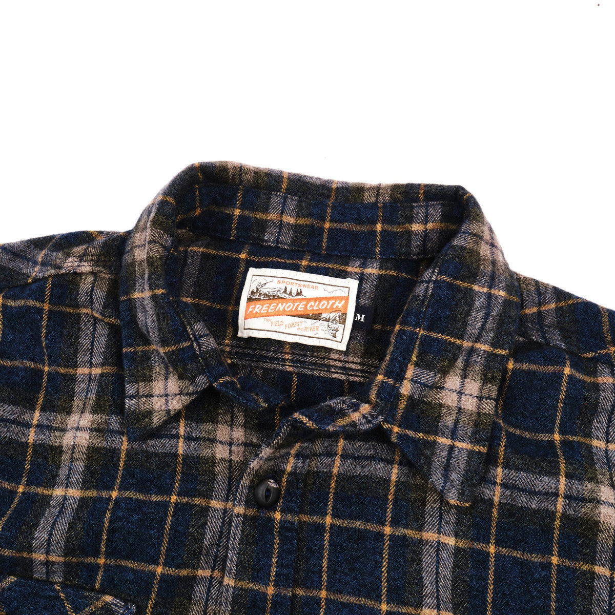Men's Freenote Cloth Jepson Yarn-Dyed Flannel Shirt in River Blue Plaid, featuring soft fabric and classic plaid pattern.