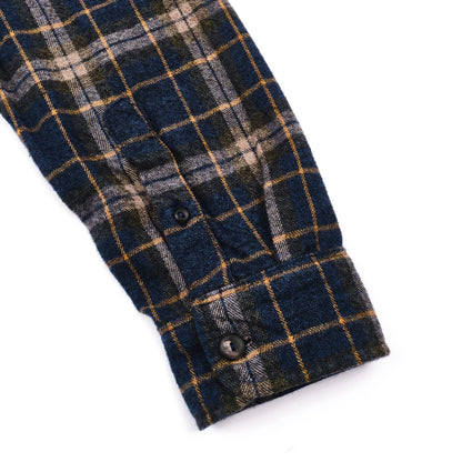 Men's Freenote Cloth Jepson yarn-dyed flannel shirt in river blue plaid, featuring a classic button-up design and soft fabric.
