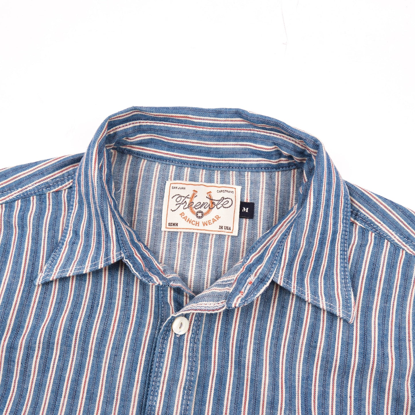 Men's Bodie Acorn Pocket Shirt by Freenote Cloth in selvedge stripe fabric, featuring a chest pocket and button-down design.