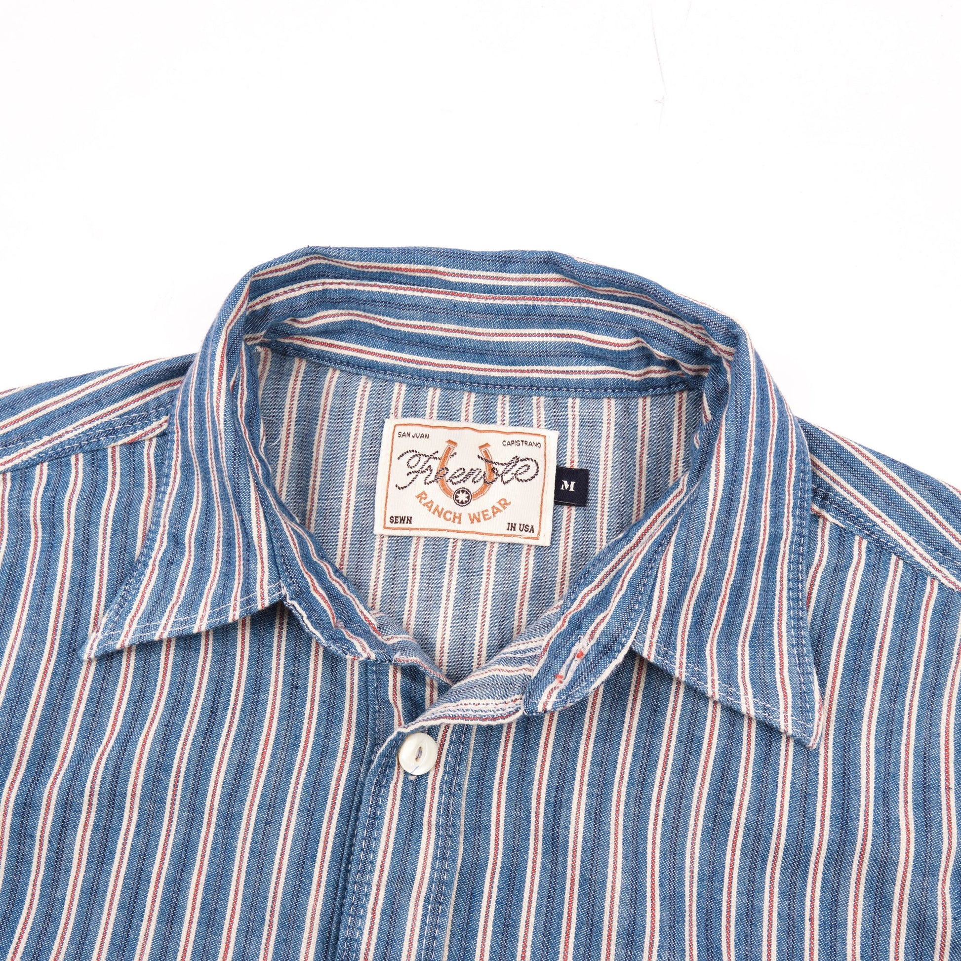 Men's Bodie Acorn Pocket Shirt by Freenote Cloth in selvedge stripe fabric, featuring a chest pocket and button-down design.