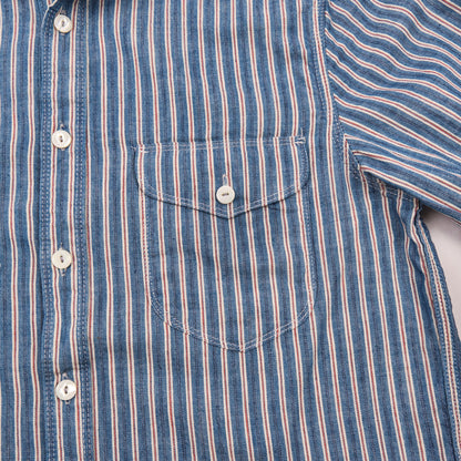 Men's Freenote Cloth Bodie Acorn Pocket Shirt in selvedge stripe fabric, featuring a classic collar and chest pocket detail.