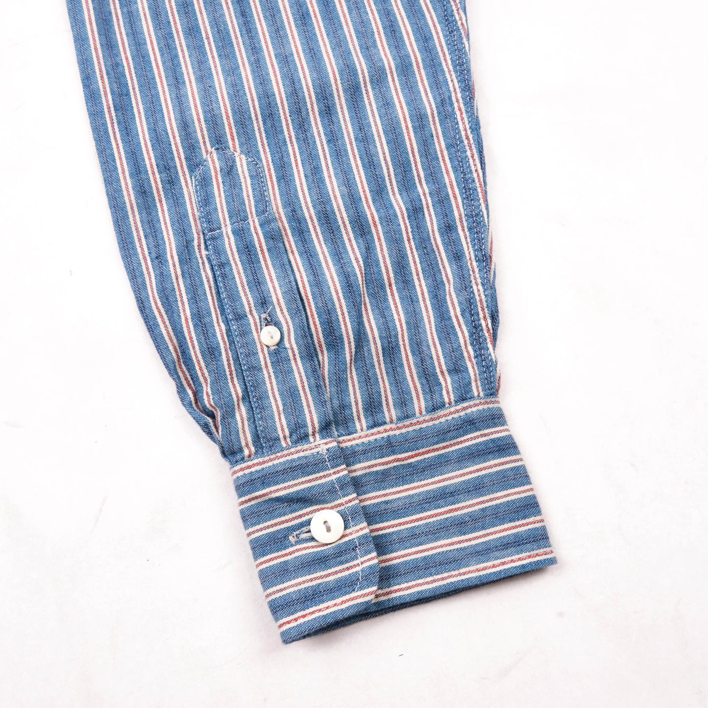Men's Bodie Acorn Pocket Shirt by Freenote Cloth with selvedge stripe fabric, featuring a chest pocket and casual button-up style.