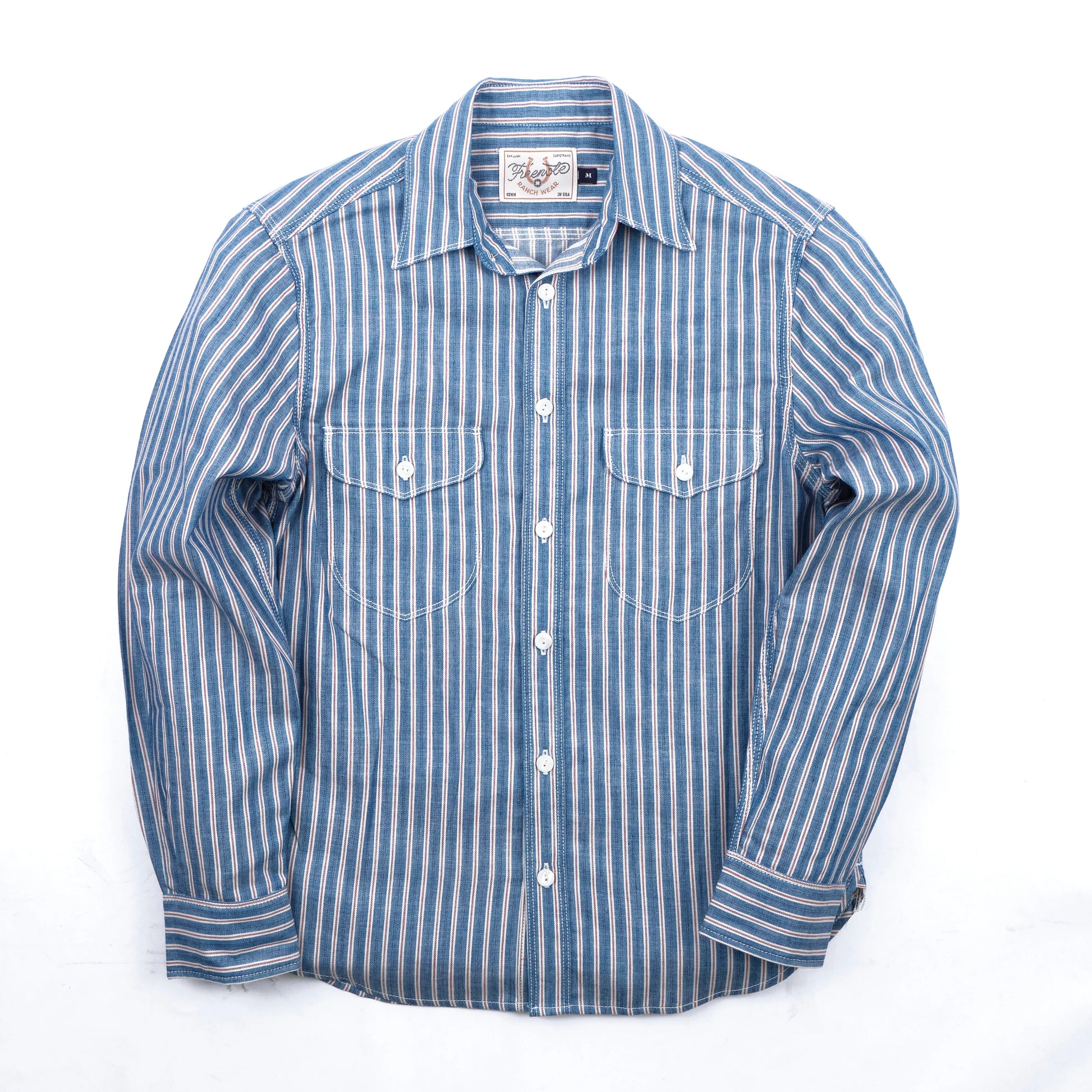 Men's Bodie Acorn Pocket Shirt by Freenote Cloth in selvedge stripe fabric, featuring a chest pocket and casual style.