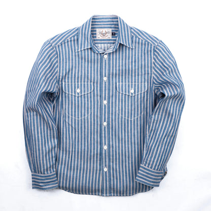 Men's Bodie Acorn Pocket Shirt by Freenote Cloth in selvedge stripe fabric, featuring a chest pocket and casual style.