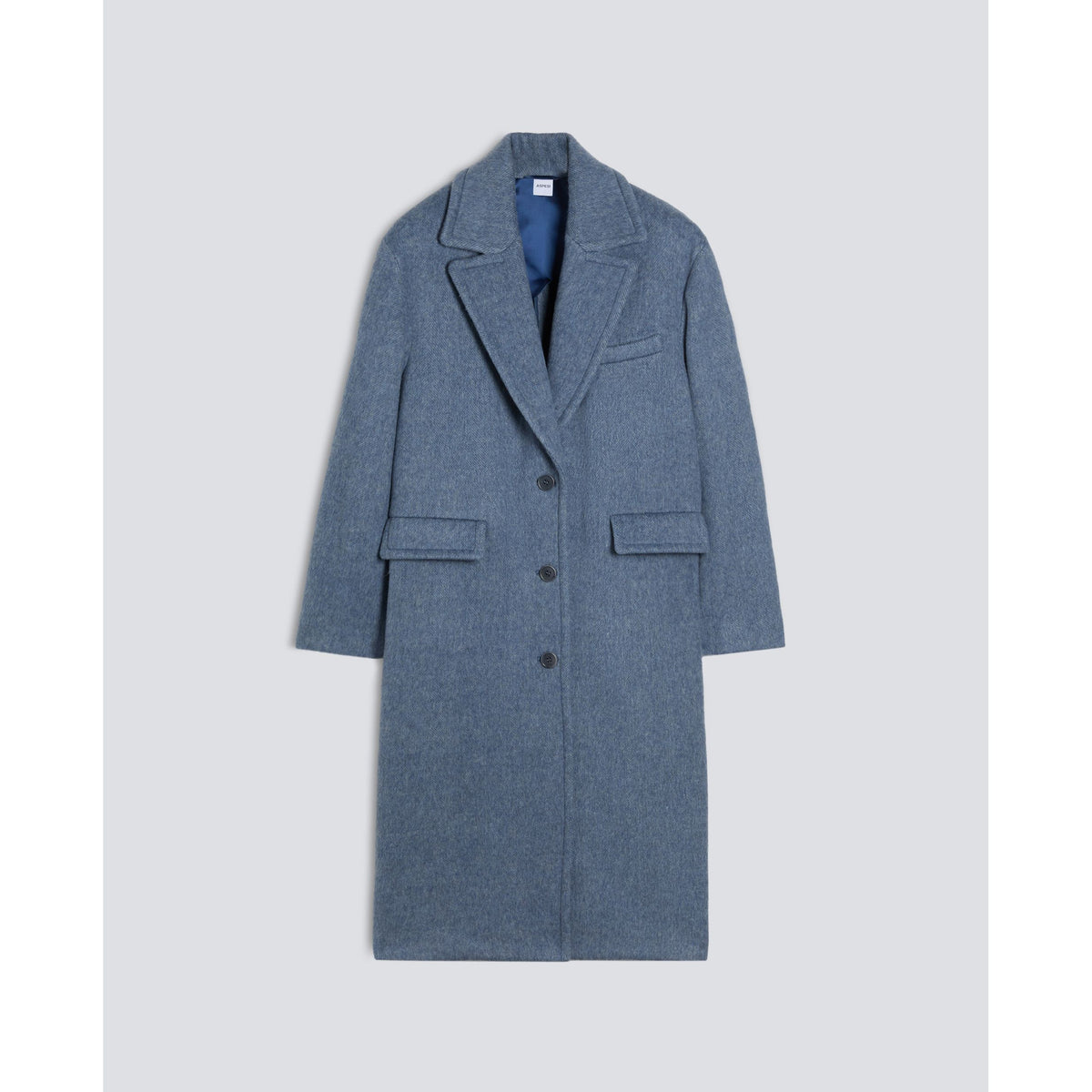 Women's sky blue wool coat by Aspesi, shown hanging on a wooden hanger with a tailored fit and classic collar.