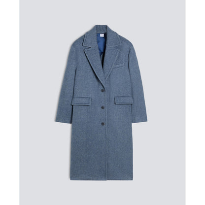 Women's sky blue wool coat by Aspesi, shown hanging on a wooden hanger with a tailored fit and classic collar.