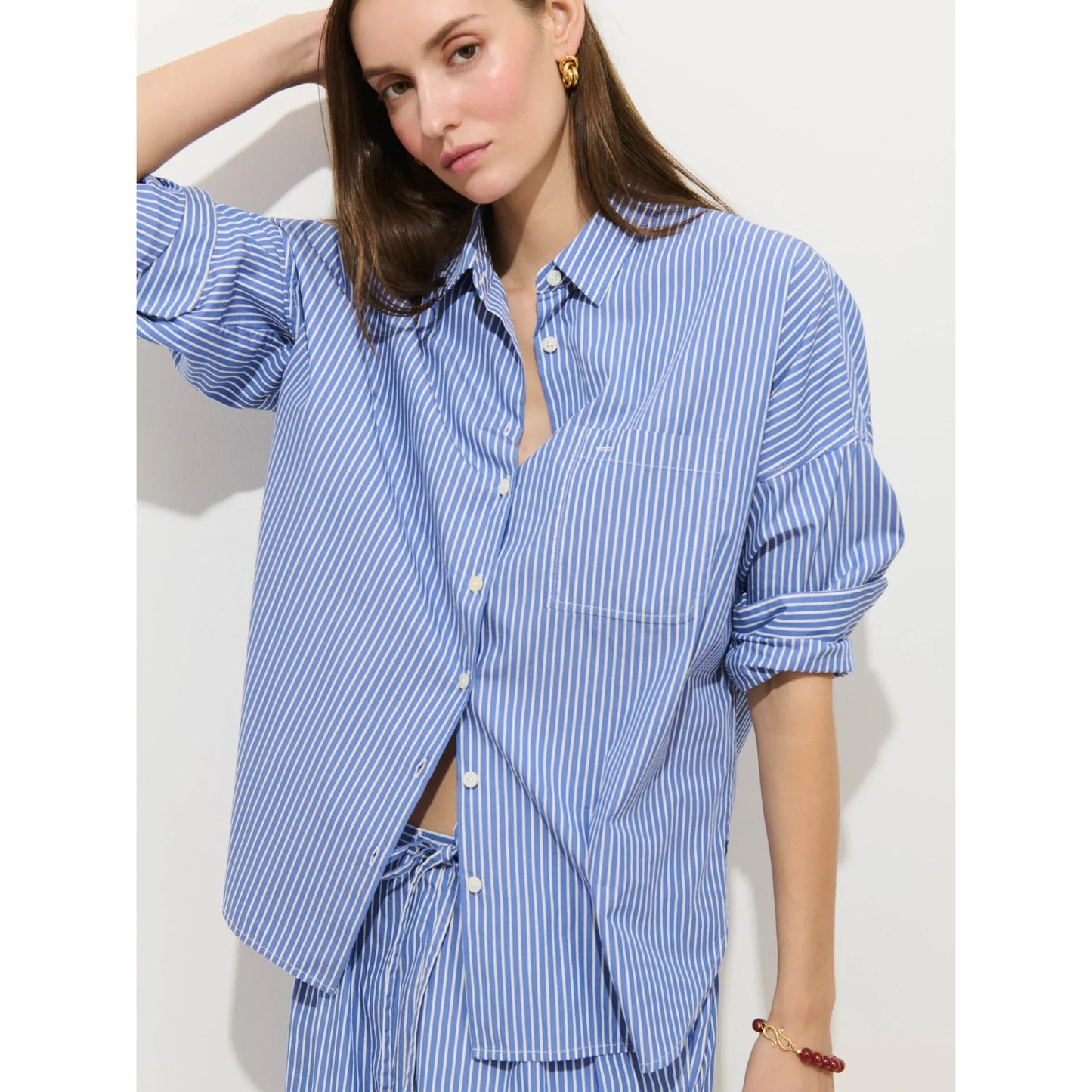 Jo Striped Shirt In Cotton Poplin - Blue/White Stripe - DUNE + SALT