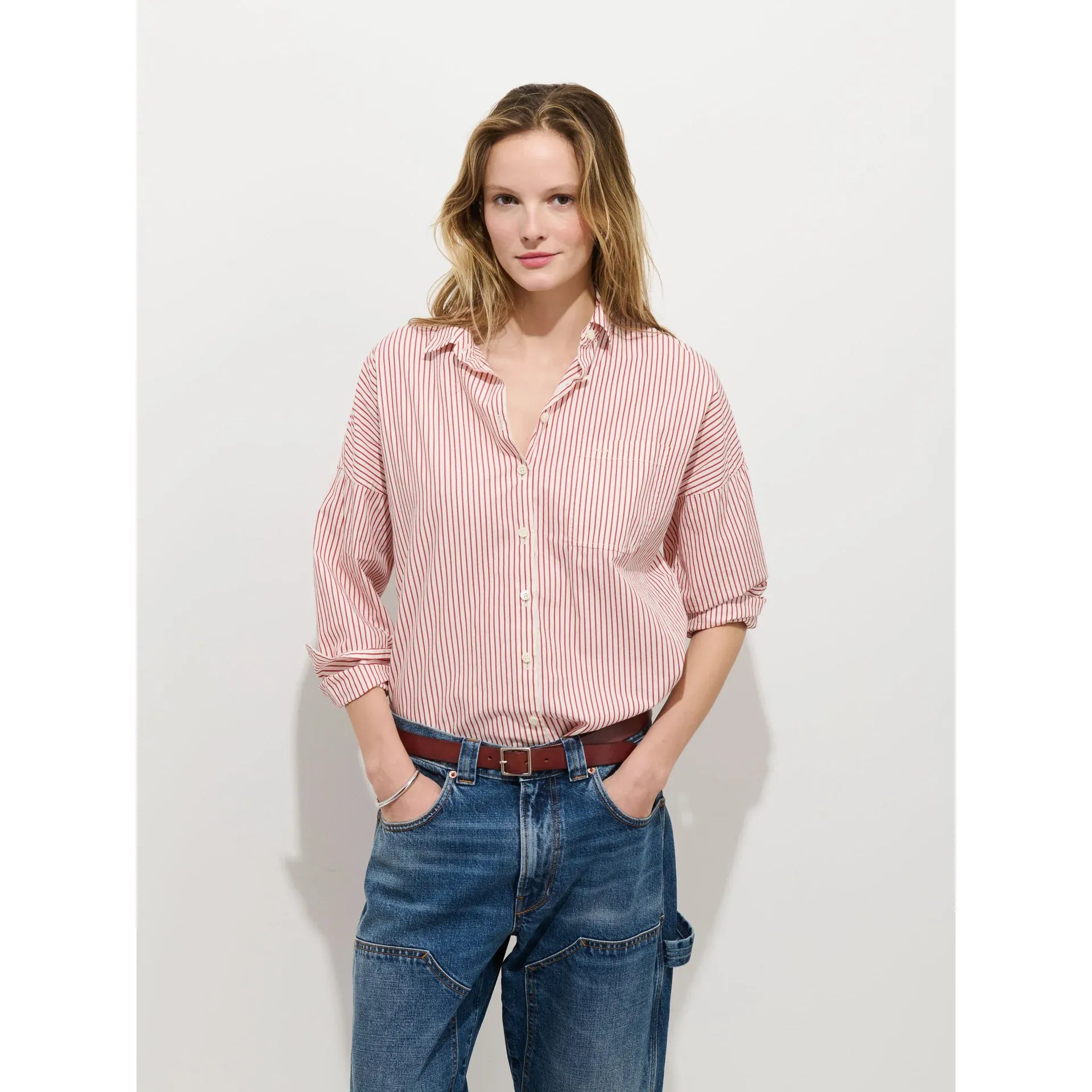 Jo Striped Shirt In Cotton Poplin - White/Red Stripe - DUNE + SALT