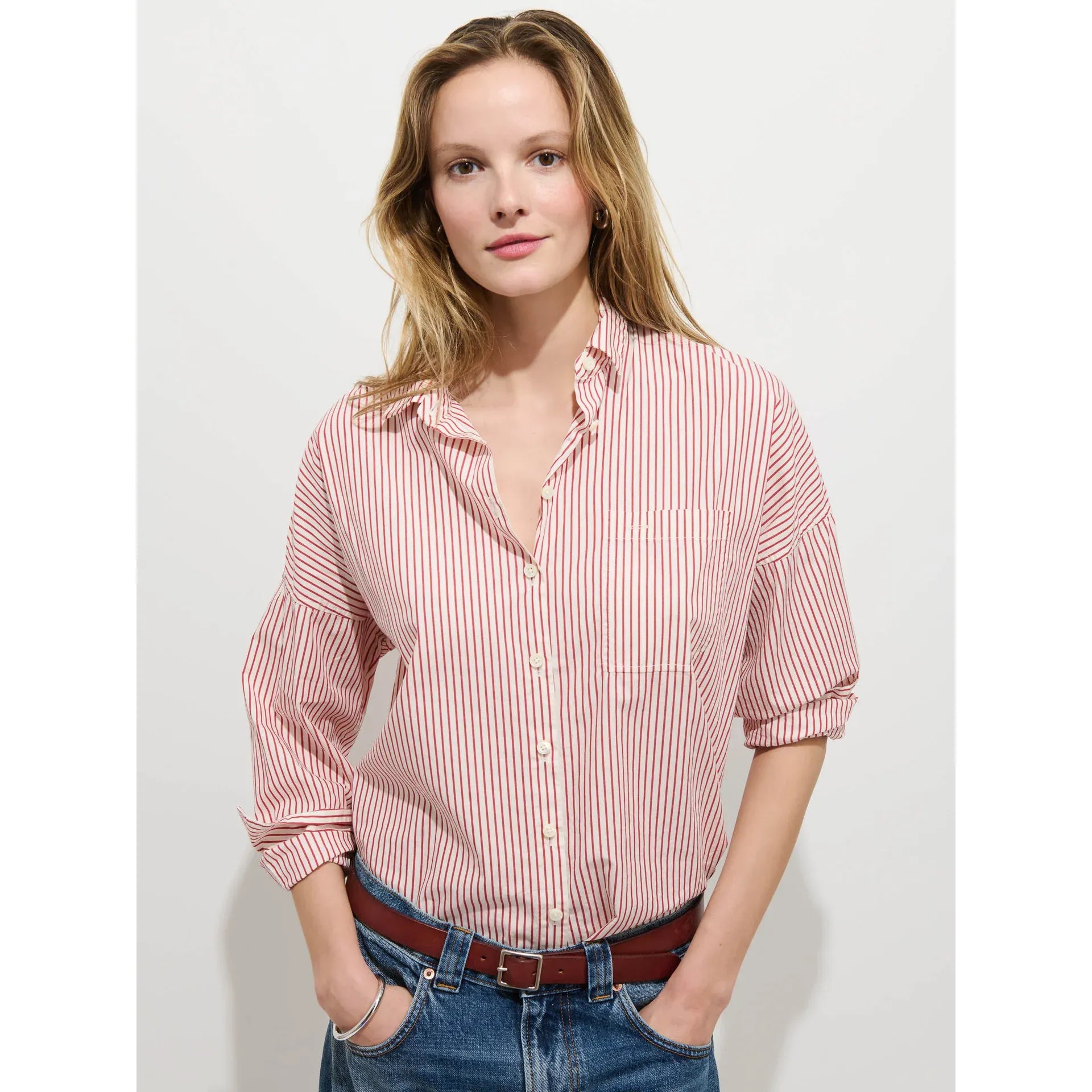 Jo Striped Shirt In Cotton Poplin - White/Red Stripe - DUNE + SALT