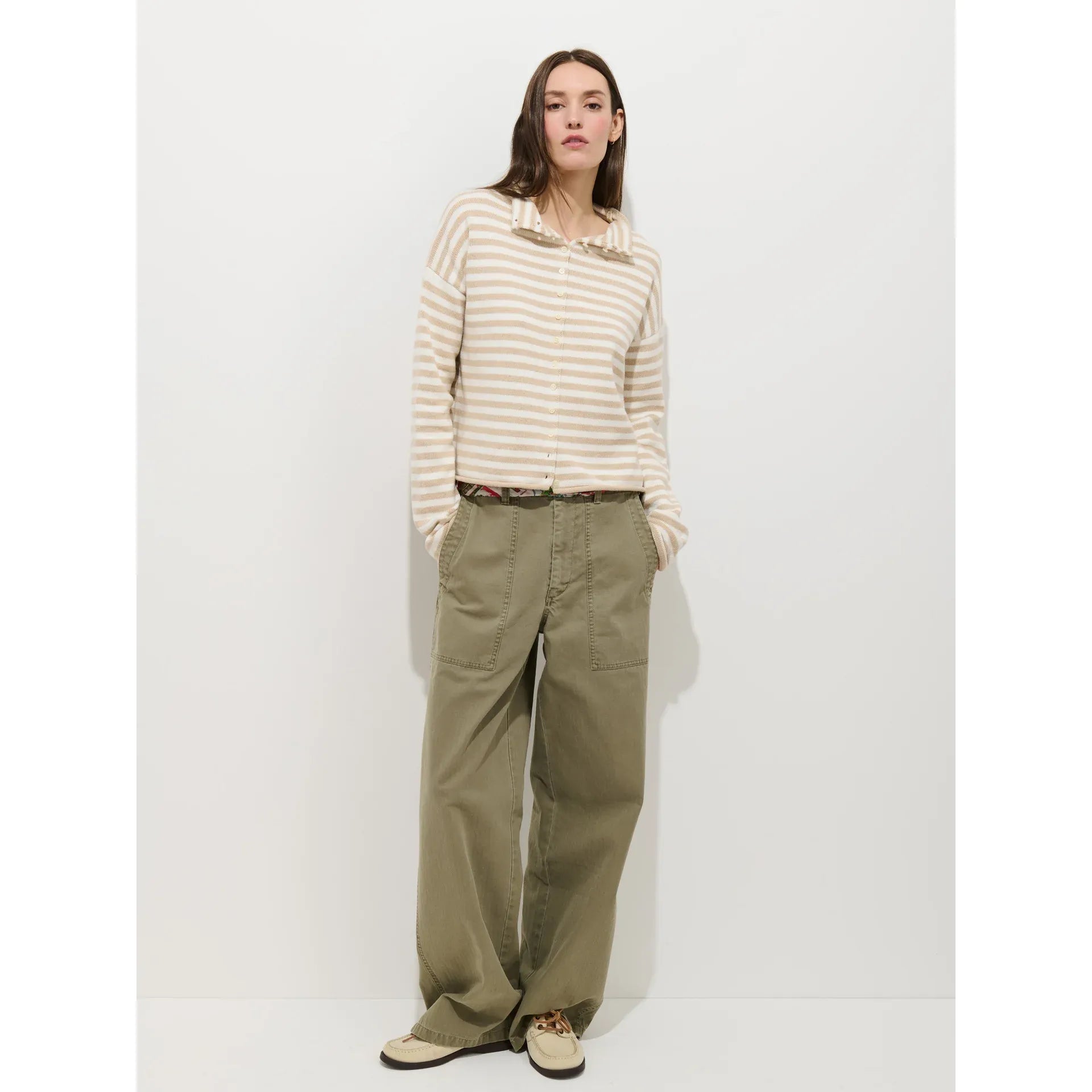 Taylor Striped Cardigan in Cotton Cashmere - Sand/Ivory - DUNE + SALT