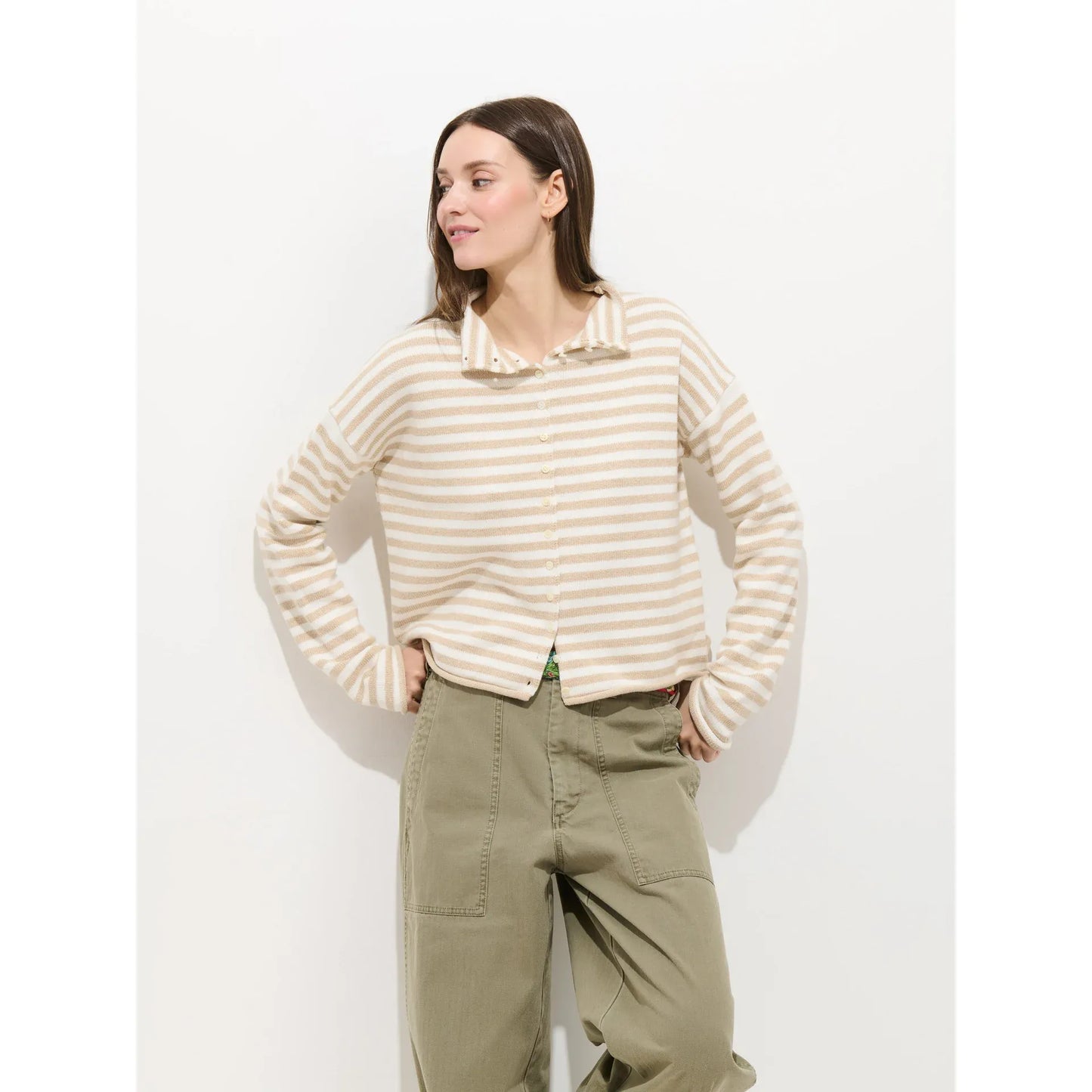 Taylor Striped Cardigan in Cotton Cashmere - Sand/Ivory - DUNE + SALT