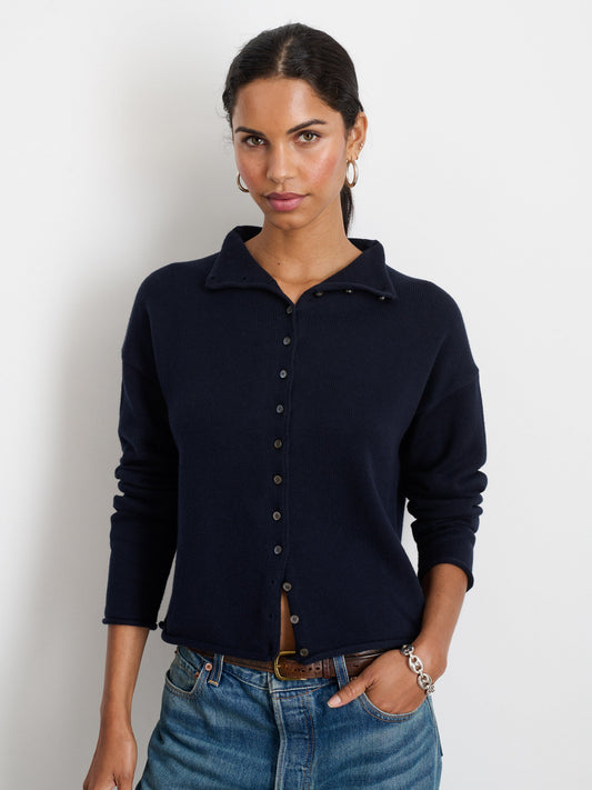 Women's navy cotton cashmere Taylor cardigan by Alex Mill, featuring a soft knit fabric and classic fit.