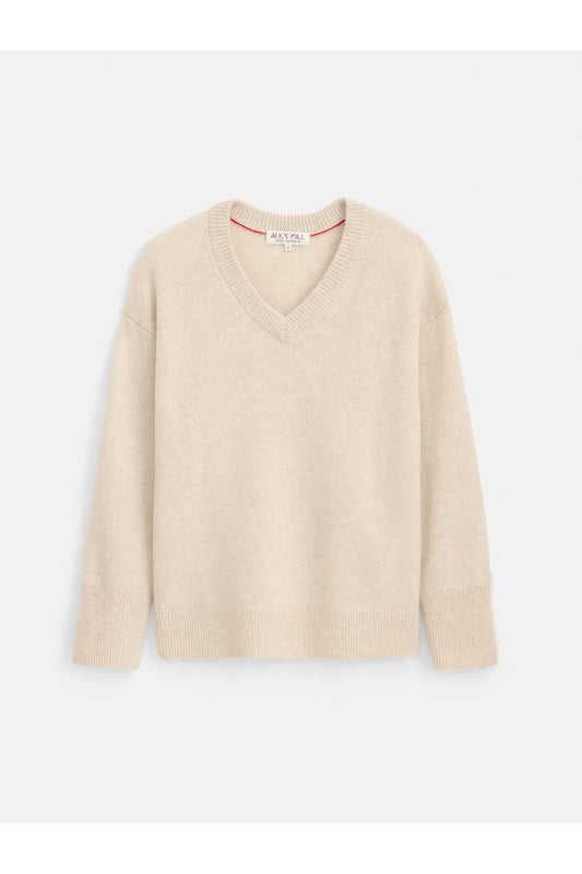 Rowan Cashmere V-Neck Sweater - Heather Ecru - DUNE + SALT