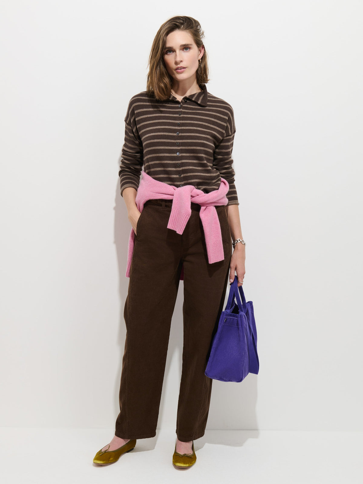 Taylor Striped Cardigan in Cotton Cashmere - Chocolate/Truffle