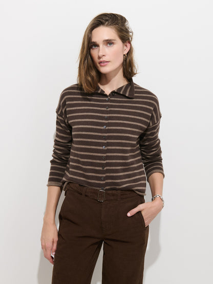 Taylor Striped Cardigan in Cotton Cashmere - Chocolate/Truffle