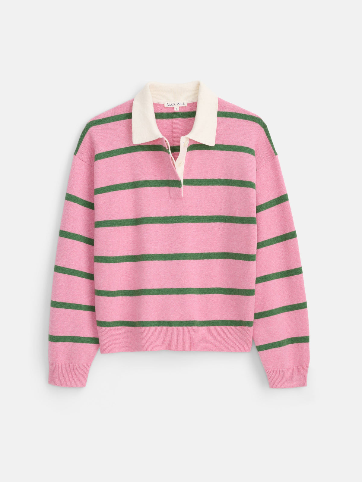 Bond St Striped Polo in Cotton Cashmere - Ballet Pink/Woodland