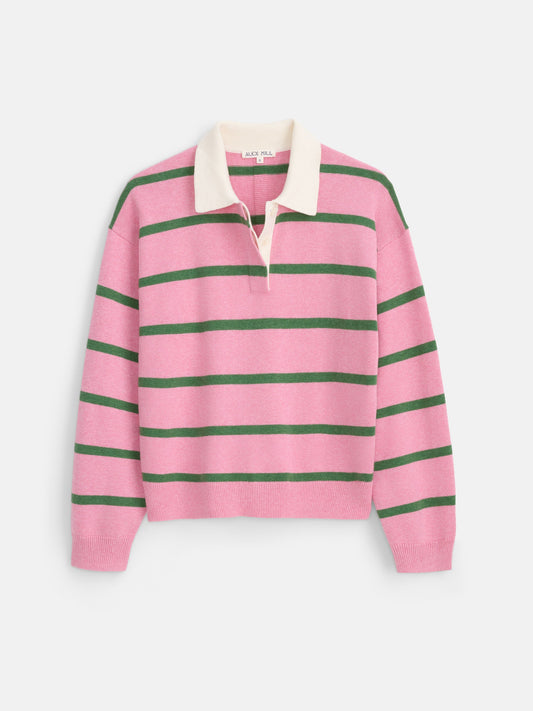 Bond St Striped Polo in Cotton Cashmere - Ballet Pink/Woodland