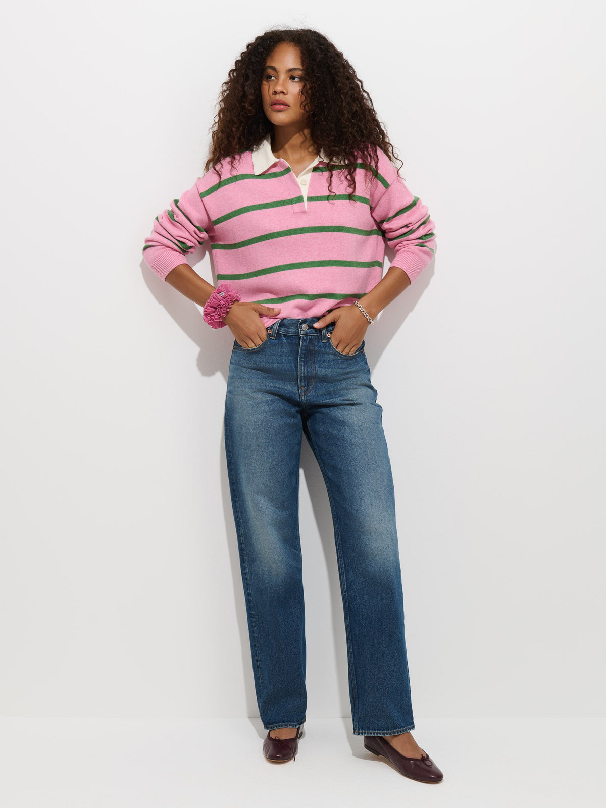Bond St Striped Polo in Cotton Cashmere - Ballet Pink/Woodland