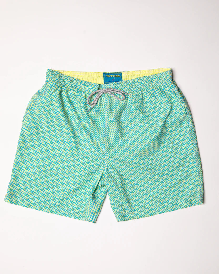 Men's Cyclist Liner Swim Trunks - Wave Print Aqua/Yellow - DUNE + SALT