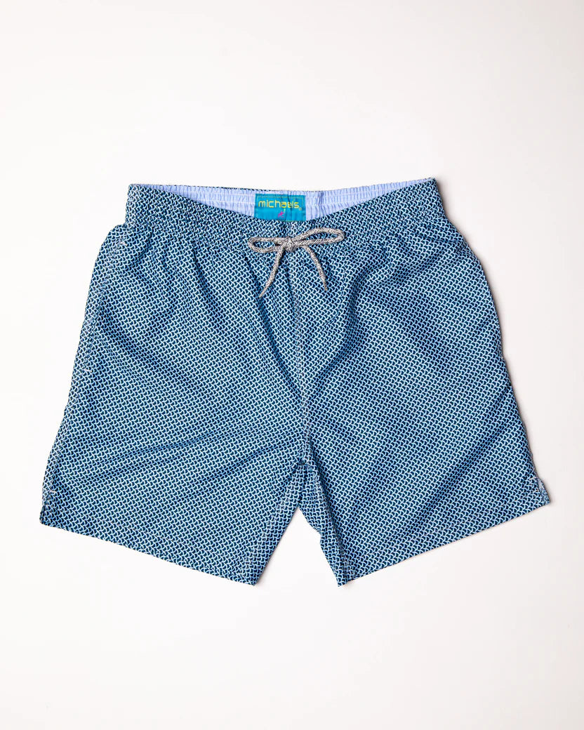 Men's Cyclist Liner Swim Trunks - Wave Print Navy/Sky - DUNE + SALT