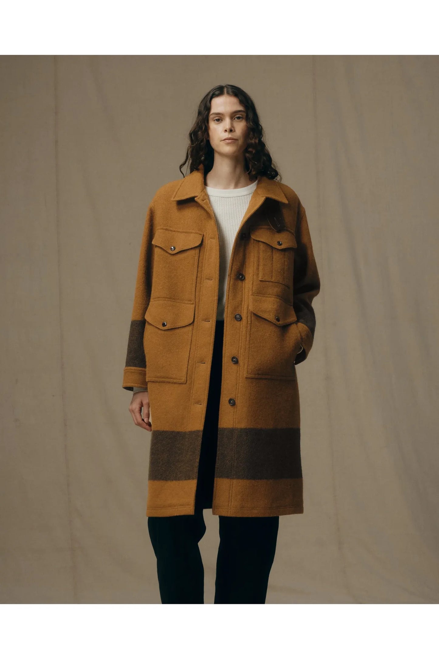 Women's Wool Long Cruiser Coat - Whiskey/Black Stripe - DUNE + SALT