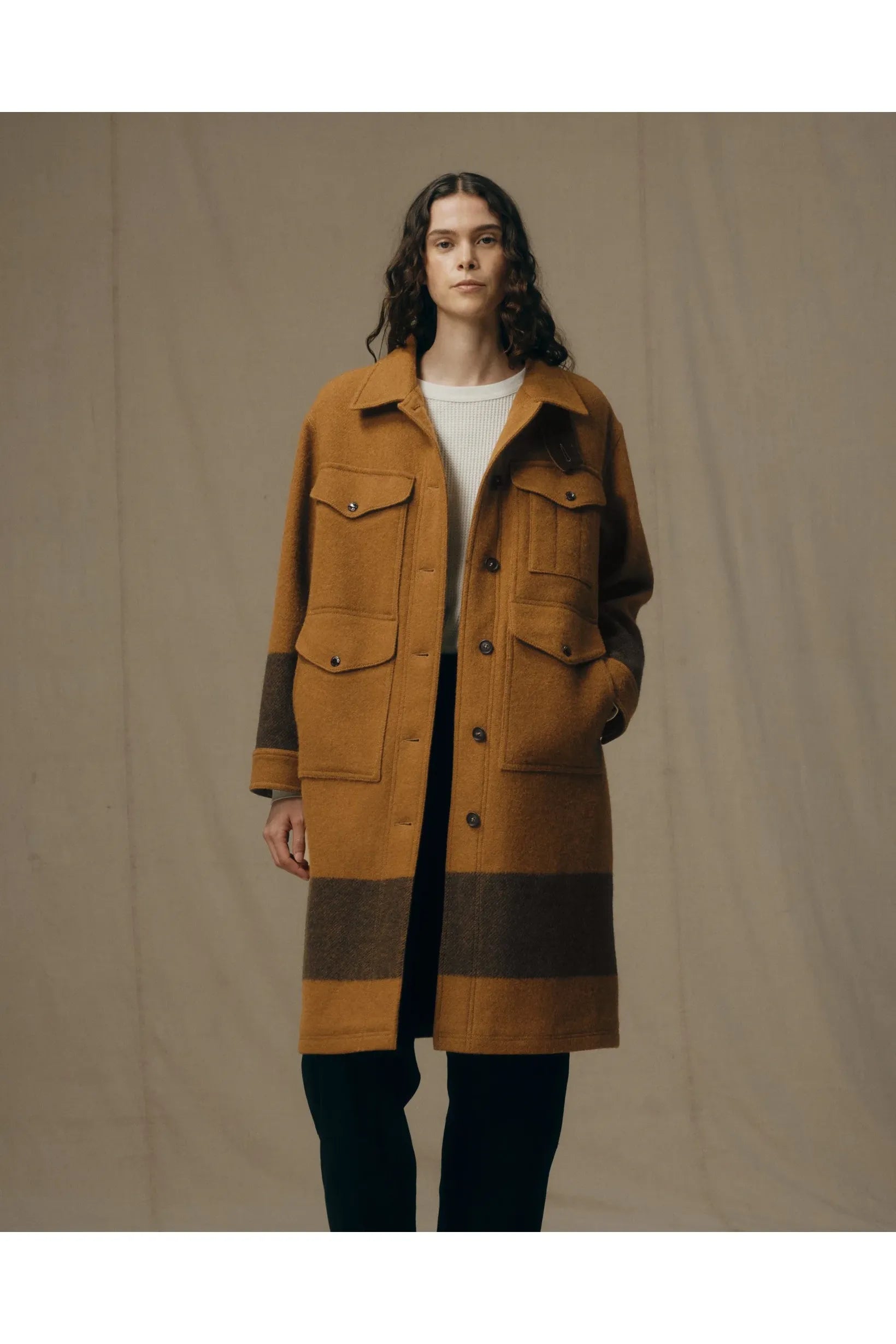 Women's Wool Long Cruiser Coat - Whiskey/Black Stripe - DUNE + SALT