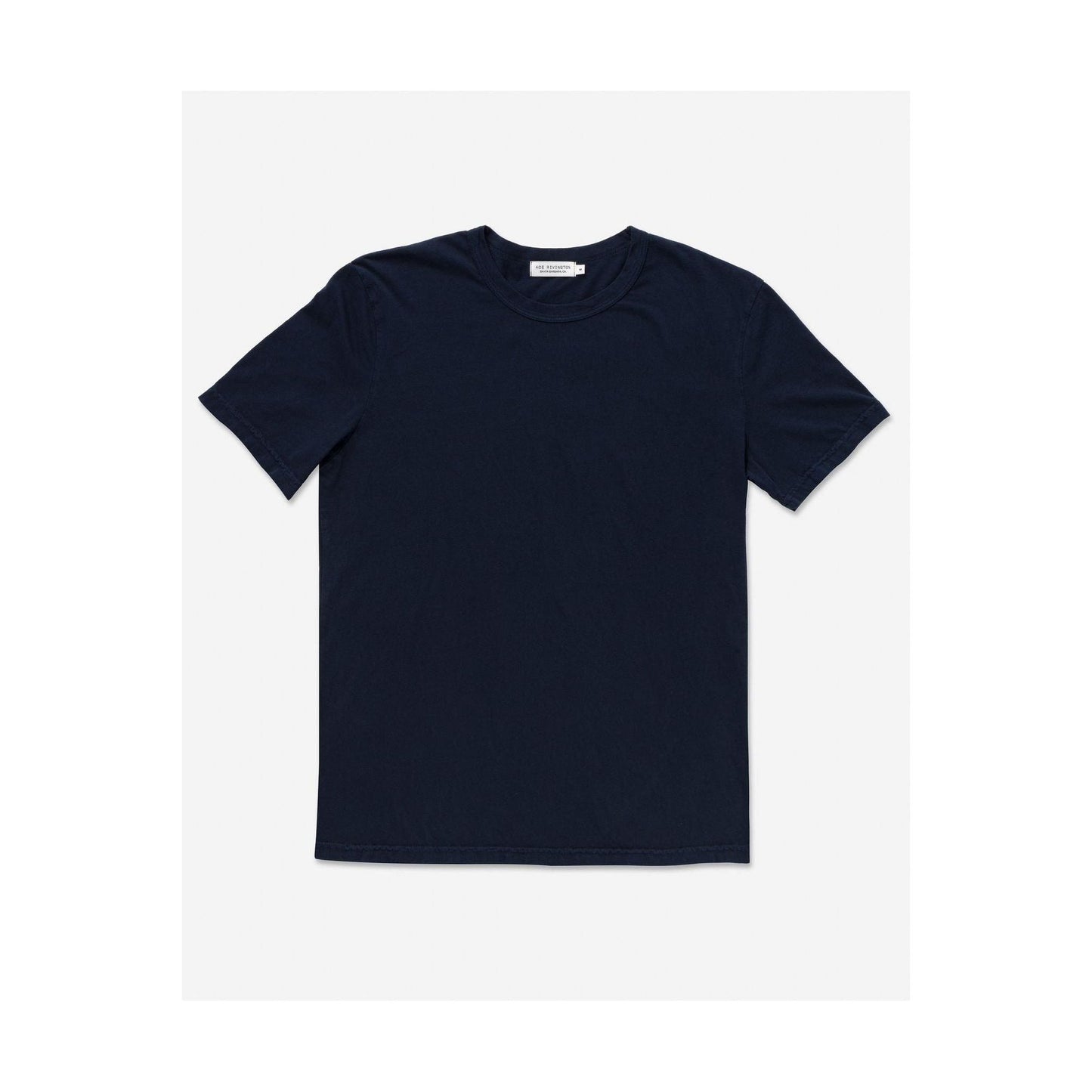 Men's navy Supima SS crewneck tee by Ace Rivington, soft cotton fabric, close-up of the fitted crewneck and smooth texture.