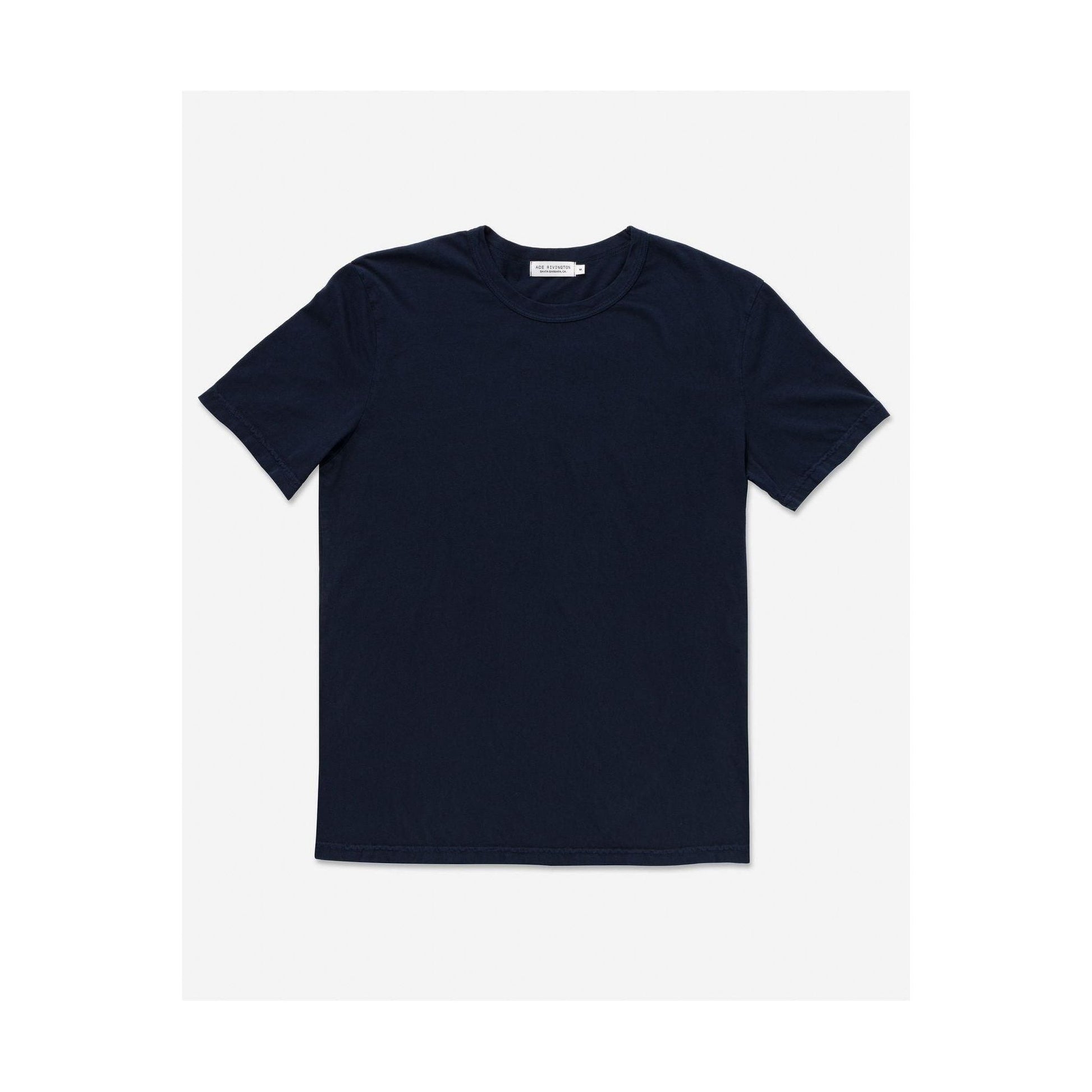 Men's navy Supima SS crewneck tee by Ace Rivington, soft cotton fabric, close-up of the fitted crewneck and smooth texture.